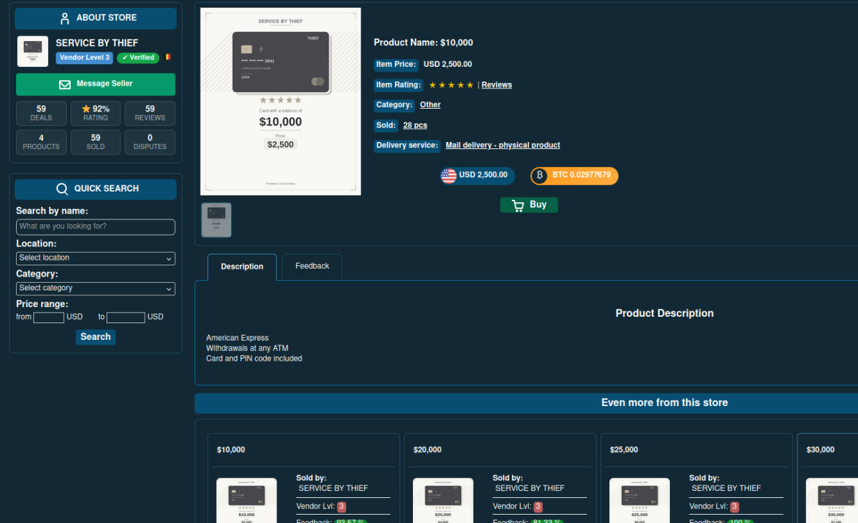 Online store interface advertising cloned card service priced at thousands with seller ratings visible